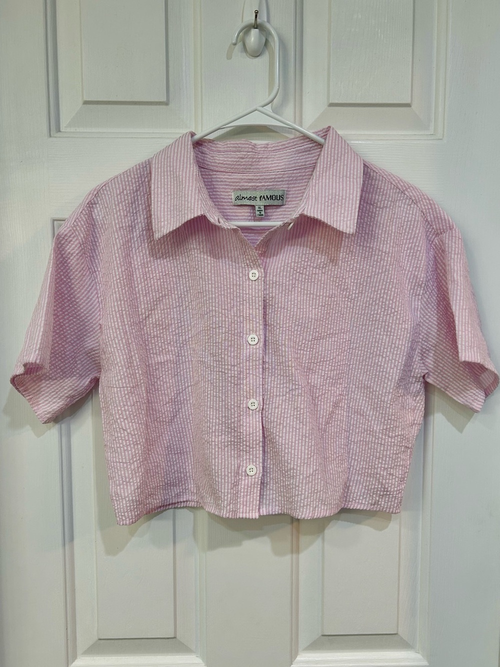 Almost Famous Pink White Striped Seersucker Cropped Button Up Shirt XL